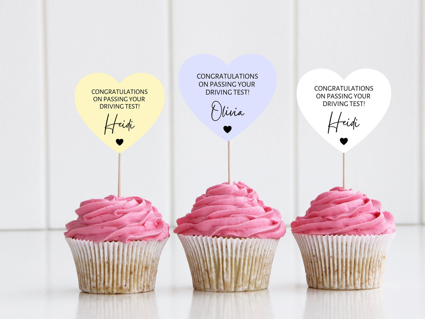 Personalised Driving Test Cupcake Toppers/ Pastel Heart Shaped Cupcake Topper/ Congratulations on your Driving Test Cupcake Topper/ A11