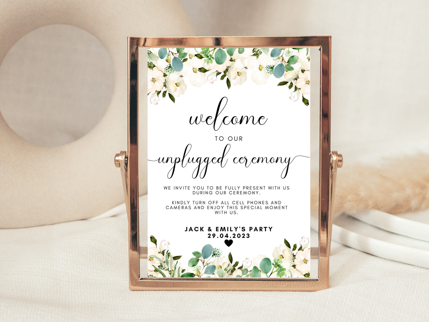 Personalised Unplugged Ceremony Sign/ Greenery Floral Wedding No Phones No Social Media Poster/ Eucalyptus Wedding Unplugged Ceremony Sign