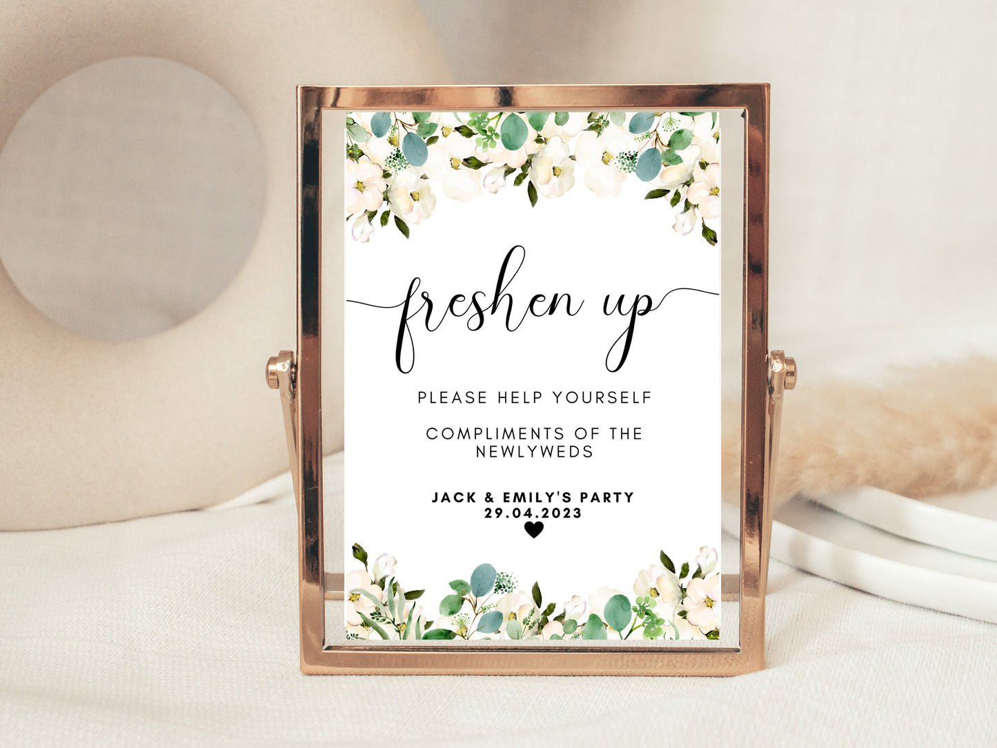Personalised Freshen Up Sign/ Greenery Floral Wedding Reception Please Help Yourself Compliments of the Newlyweds/ Eucalyptus Hen Party
