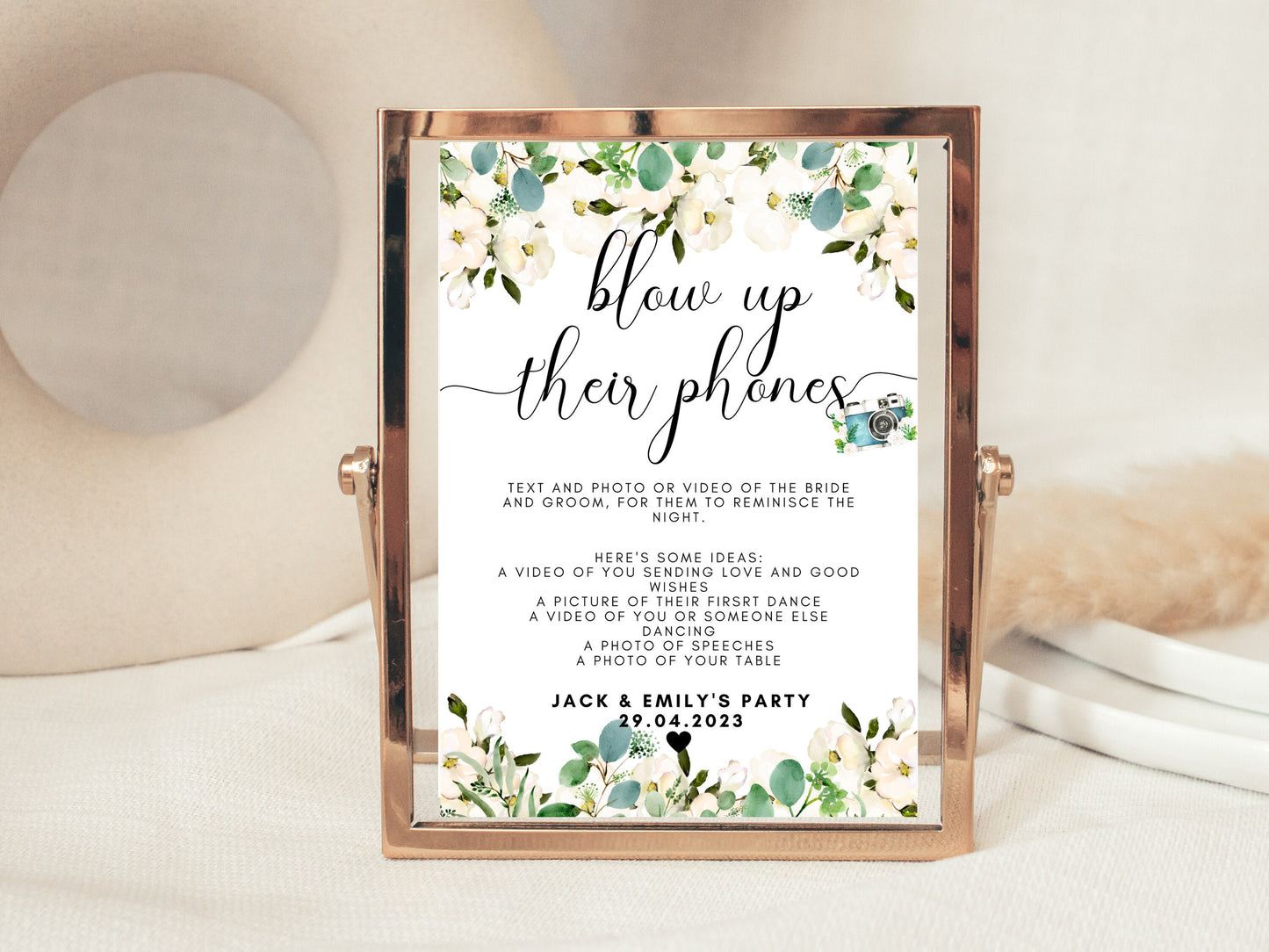 Personalised Blow Up Their Phones/ Greenery Floral Wedding Reception Text a Photo or Video of the Bride and Groom/ Eucalyptus Hen Party Sign