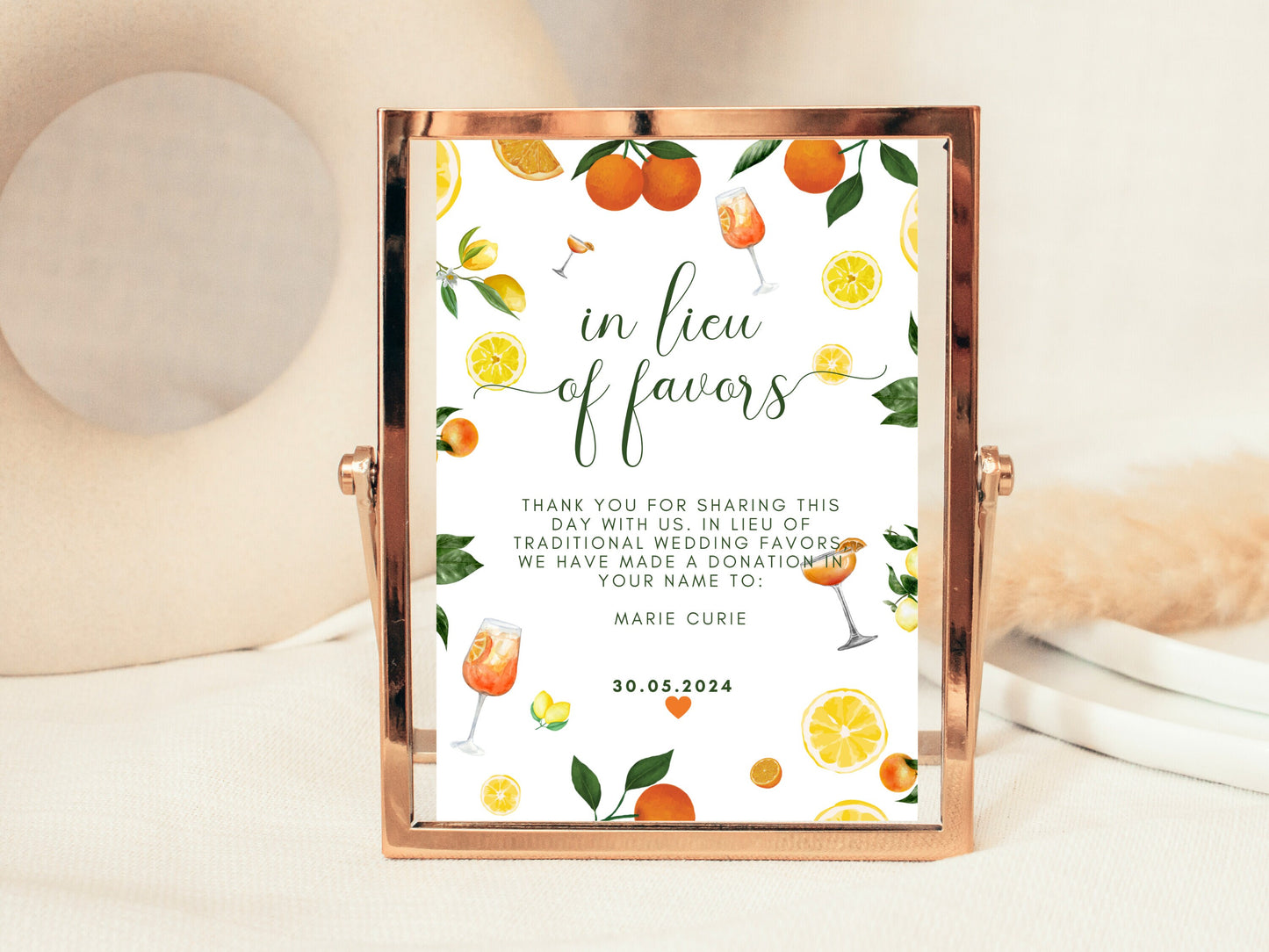 In Lieu of Favours Sign/ Spring Summer Lemons Oranges Mediterranean/ Italian Style Wedding Reception/ Thank You for Sharing this Day with Us
