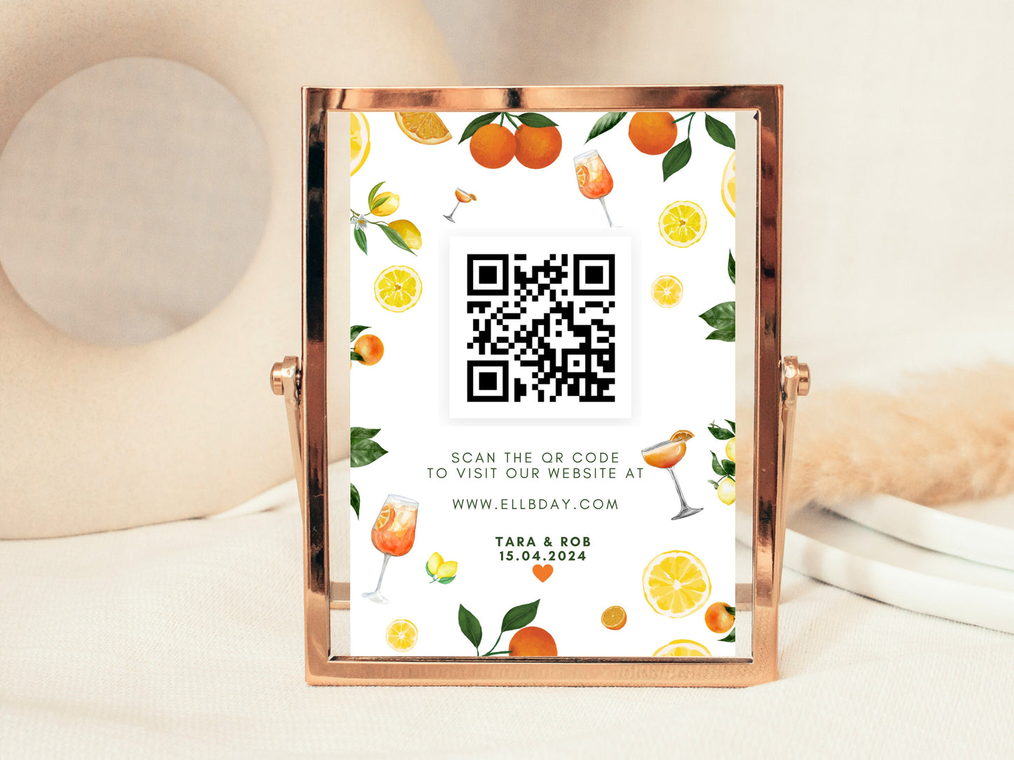 Wedding QR Code Sign/ Citrus Spritz Spring Summer Lemons Oranges Mediterranean Wedding Website QR Sign Link/ Italian Style Celebration