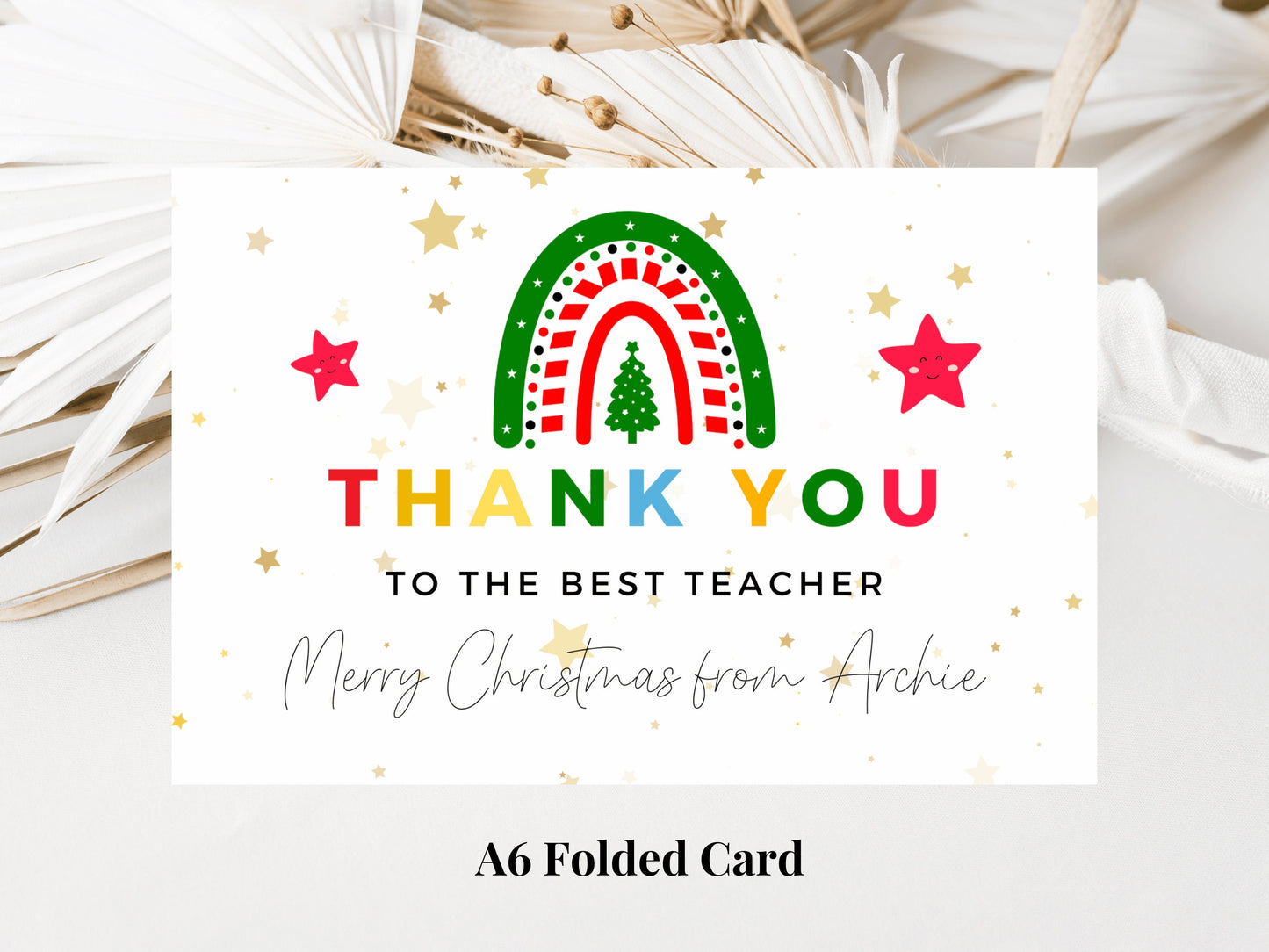 Personalised To the Best Teacher Merry Christmas Card/ Teacher Appreciation/ End of School Year Thank You Season Greetings/ Xmas Tree Card