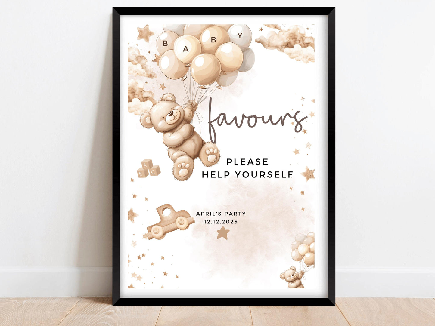 Favours Baby Shower Sign/ Personalised Please Help Yourself Gender Reveal Neutral Bear/ We Can Bearly Wait/ Brown Balloons Favours