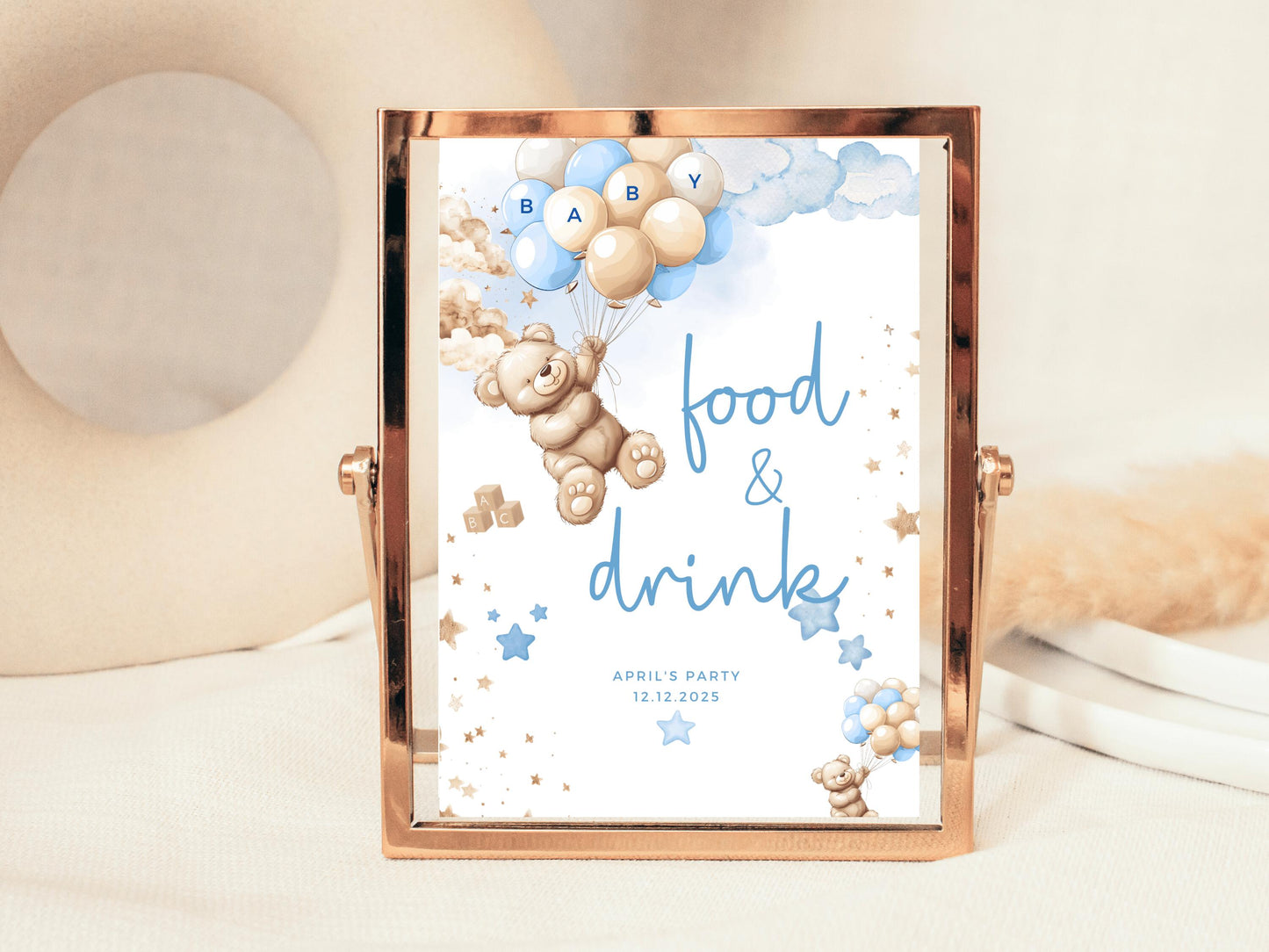 Food and Drink Baby Shower Sign/ Personalised Snacks Cupcakes Gender Reveal Neutral Bear Poster/ We Can Bearly Wait/ Baby Boy Blue Balloons