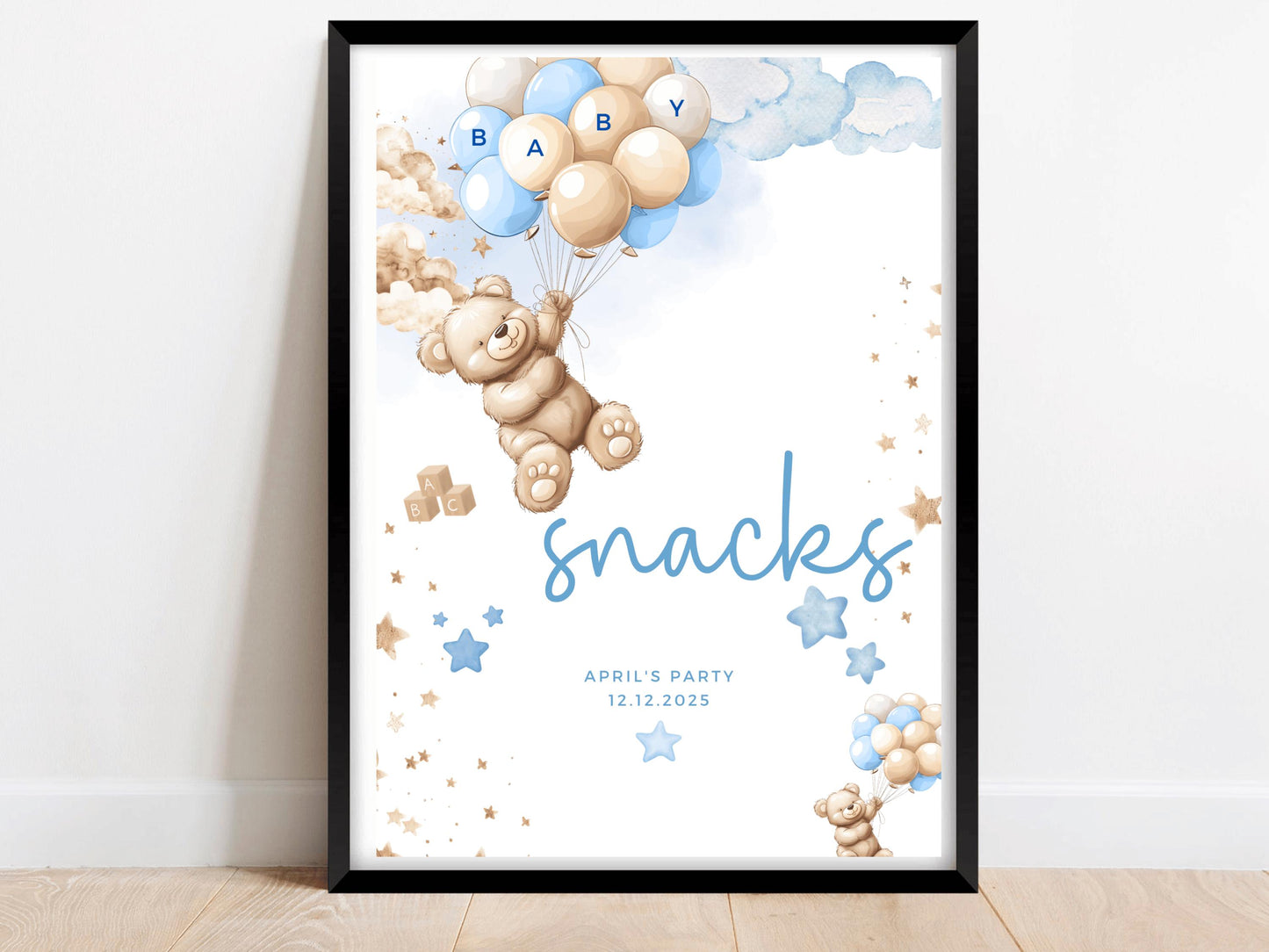 Snacks Baby Shower Sign/ Personalised Food Sweets Gender Reveal Neutral Bear Poster/ We Can Bearly Wait/ Baby Boy Blue Balloons Decor