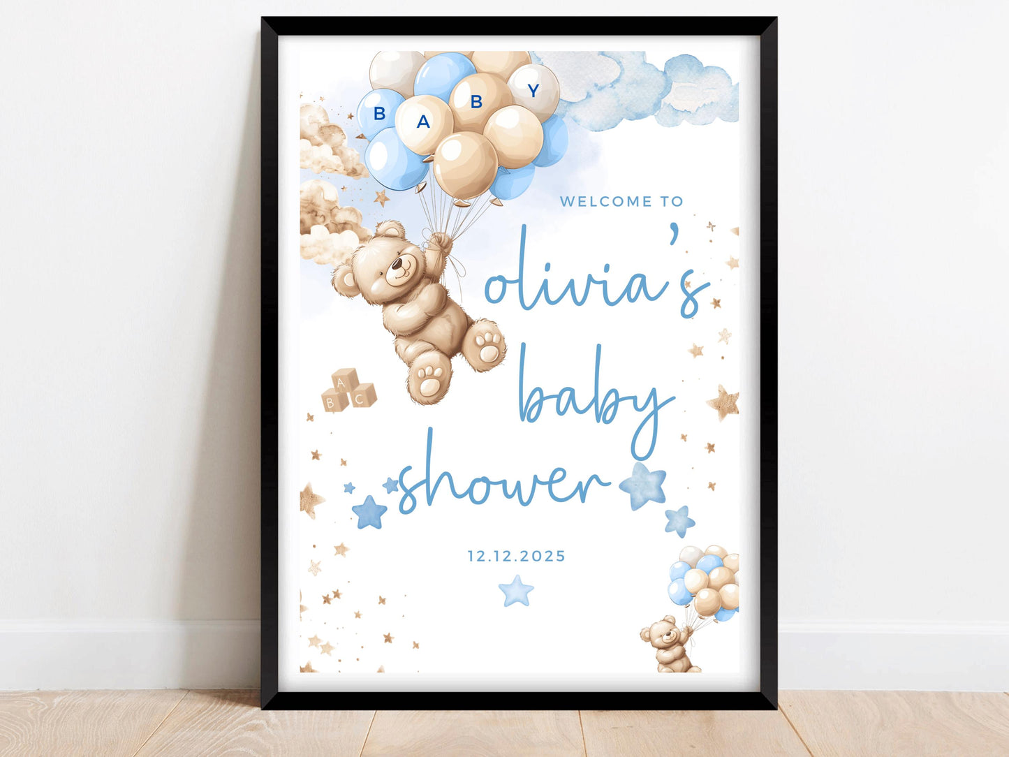 Baby Shower Welcome Sign/ Personalised Gender Reveal Neutral Bear Baby Shower/ We Can Bearly Wait Mummy to Be/ Baby Boy Blue Bear Balloons