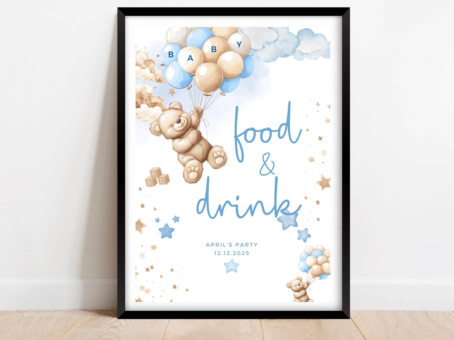Food and Drink Baby Shower Sign/ Personalised Snacks Cupcakes Gender Reveal Neutral Bear Poster/ We Can Bearly Wait/ Baby Boy Blue Balloons