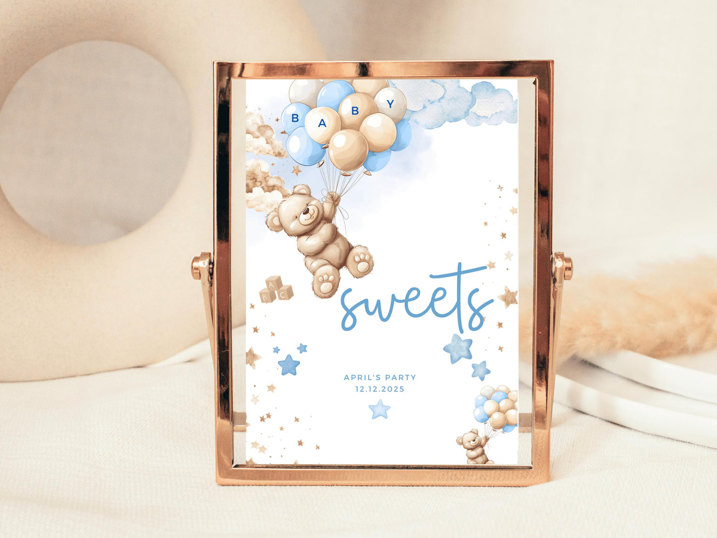Sweets Baby Shower Sign/ Personalised Pick n Mix Cake Gender Reveal Neutral Bear Poster/ We Can Bearly Wait/ Baby Boy Blue Balloons Decor
