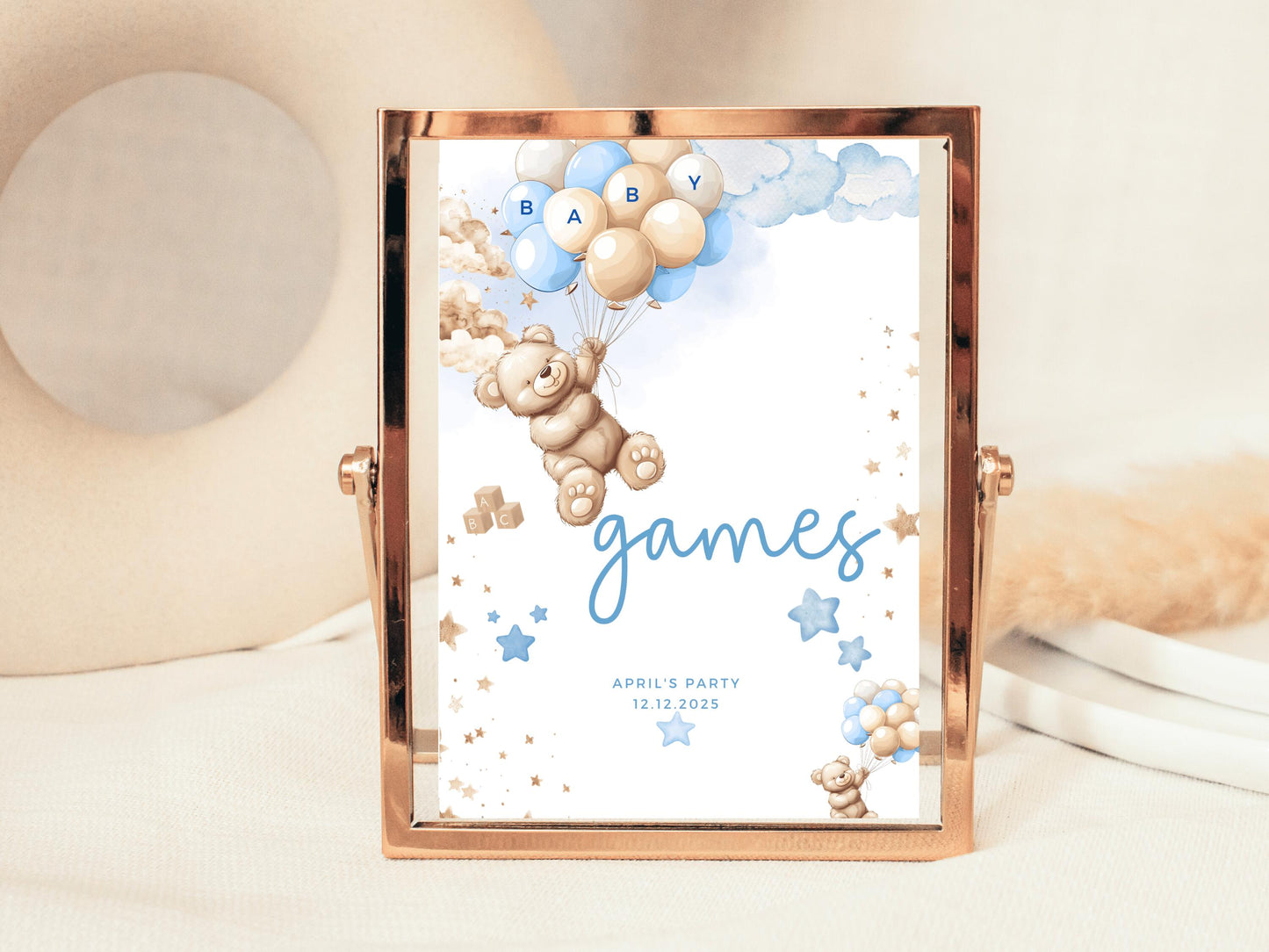 Games Baby Shower Sign/ Personalised Gender Reveal Neutral Bear Poster/ We Can Bearly Wait Party Games/ Baby Boy Blue Balloons Decorations