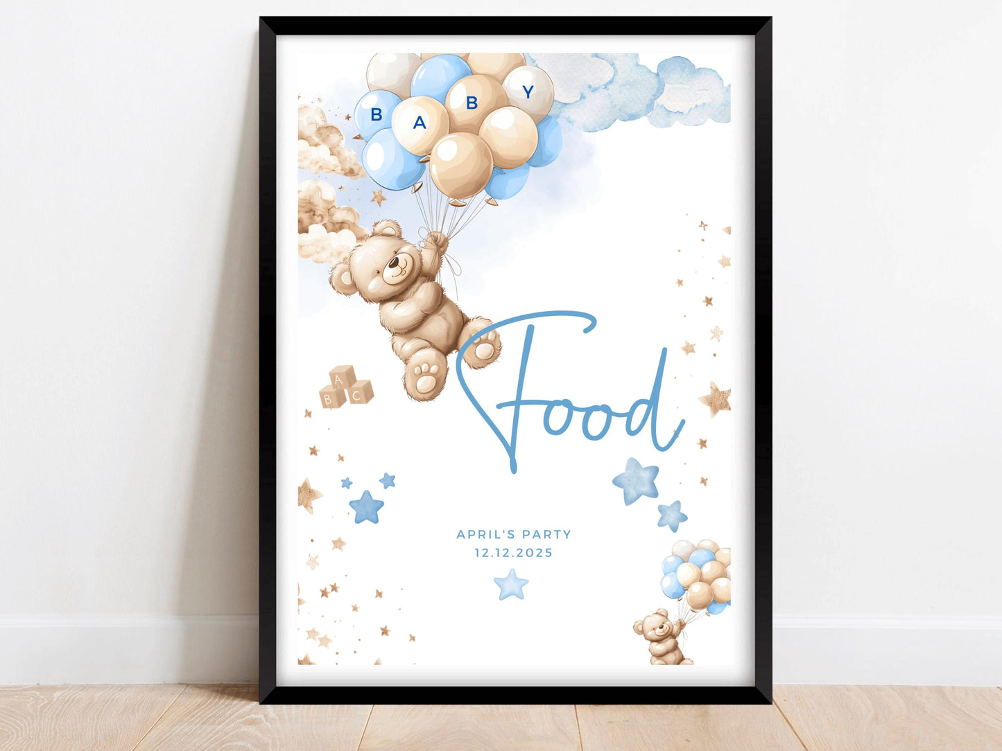 Food Baby Shower Sign/ Personalised Snacks Sweets Gender Reveal Neutral Bear Poster/ We Can Bearly Wait/ Baby Boy Blue Balloons Decor
