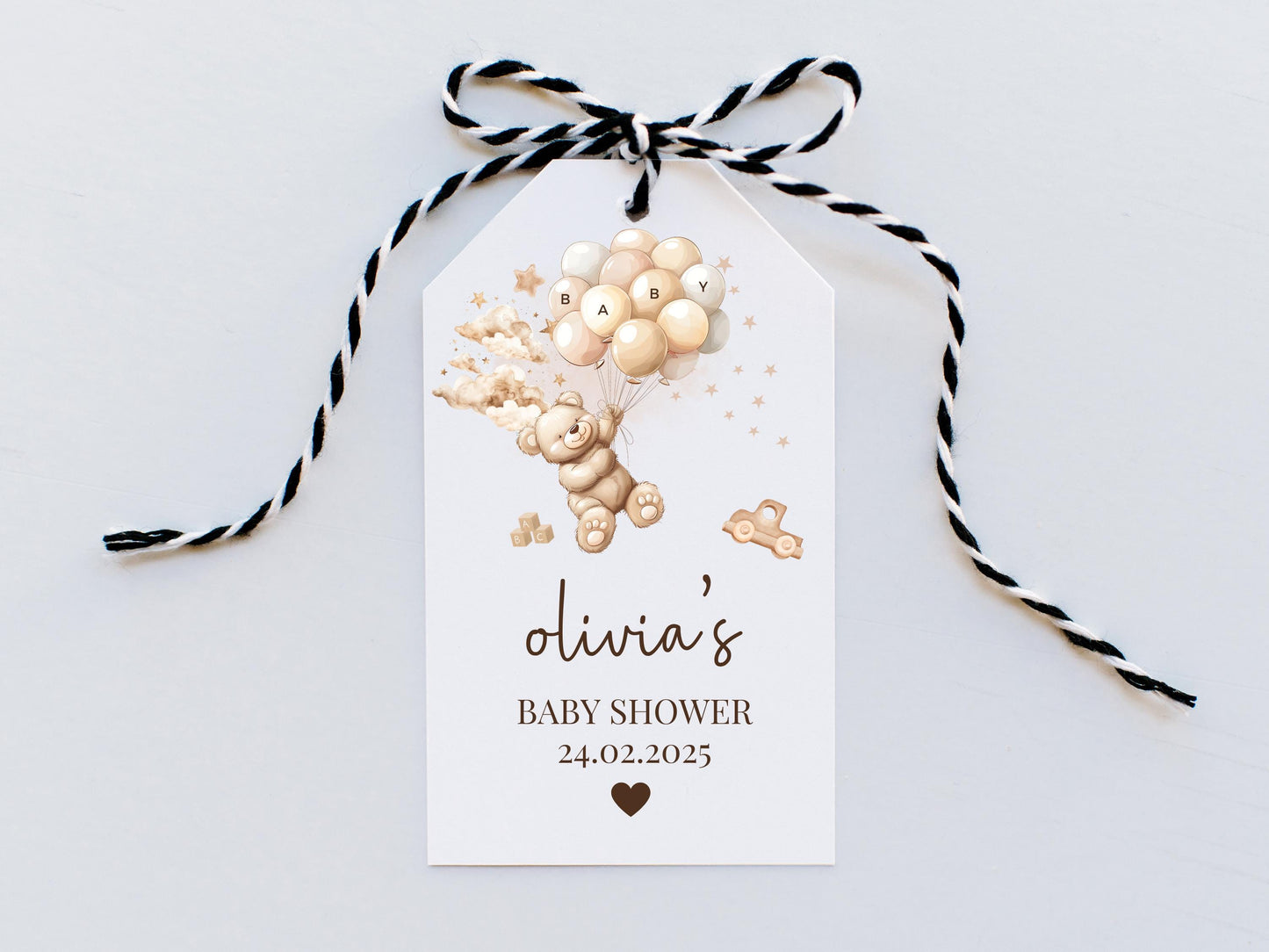 Personalised Baby Shower Gift Tag/ We Can Bearly Wait Brown Teddy Bear Balloons Gender Reveal Favours/ Mummy to Be Gift Box Bag Tag/ Oh Baby