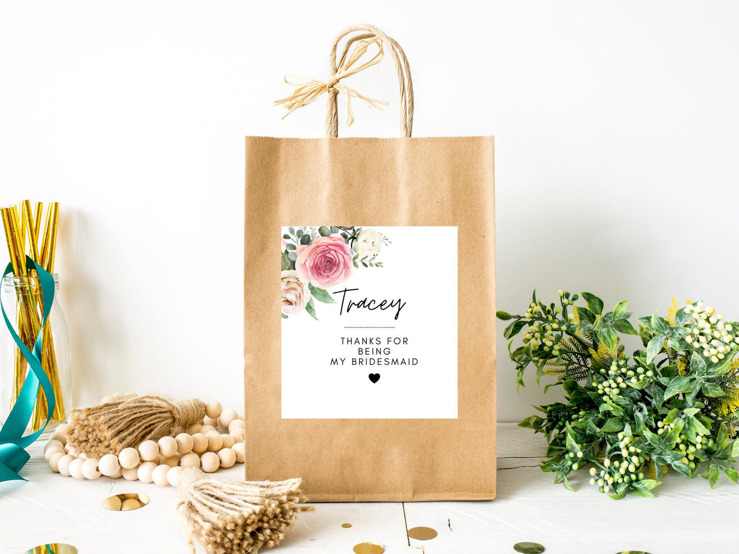 Personalised Thanks for Being My Bridesmaid Greenery Candle Label/ Botanical Pink Gift Bridesmaid Sticker/ Rose Bachelorette Label/ A05/ A43