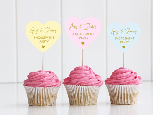 Personalised Engagement Party Cupcake Toppers/ Custom Pastel New Couple Cake Topper/ Heart Bridal Party Topper/ Bridal Shower Cake/ A11/ A25