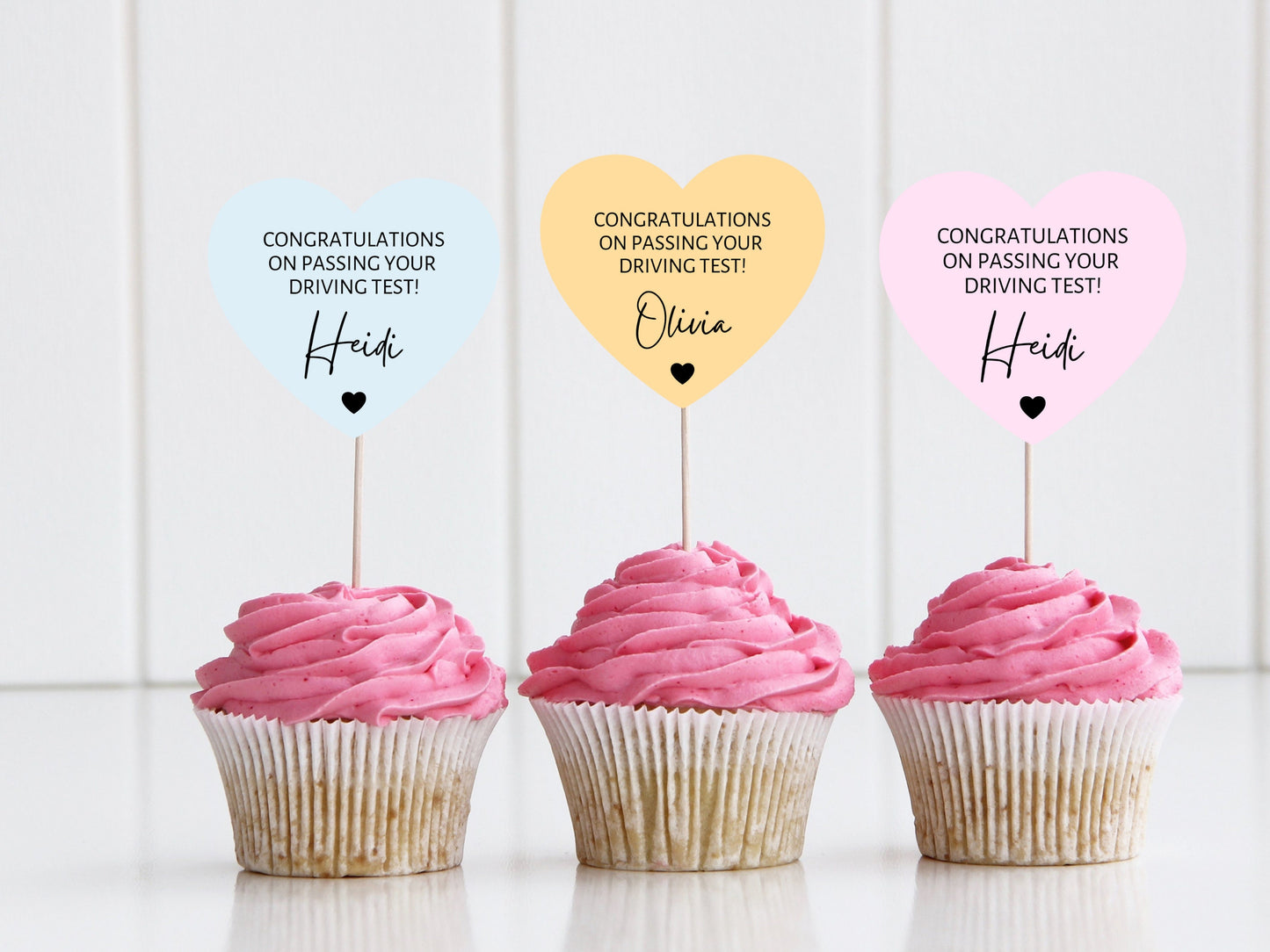 Personalised Driving Test Cupcake Toppers/ Pastel Heart Shaped Cupcake Topper/ Congratulations on your Driving Test Cupcake Topper/ A11