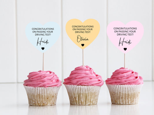 Personalised Driving Test Cupcake Toppers/ Pastel Heart Shaped Cupcake Topper/ Congratulations on your Driving Test Cupcake Topper/ A11