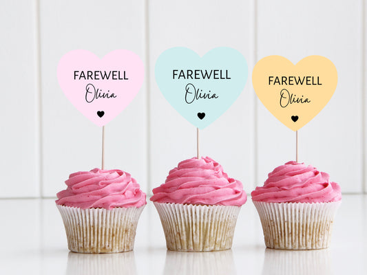 Personalised Farewell Cupcake Toppers/ Pastel Heart Shaped Sorry Your Leaving Party Topper/ Goodbye Topper/ You Will Be Missed/ A11/ A30