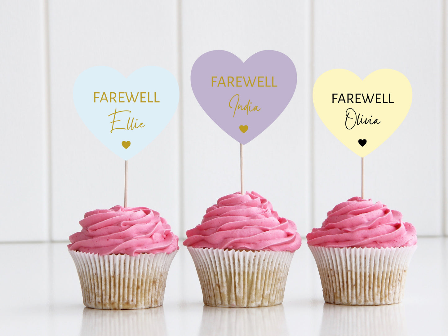 Personalised Farewell Cupcake Toppers/ Pastel Heart Shaped Sorry Your Leaving Party Topper/ Goodbye Topper/ You Will Be Missed/ A11/ A30