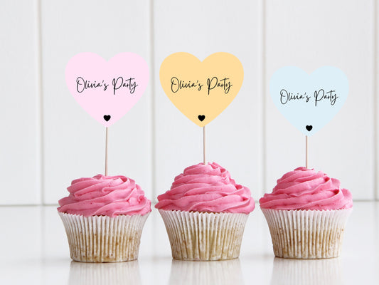 Personalised Party Cupcake Toppers/ Custom Pastel New Celebration Cake Topper/ Heart Monogram Party Topper/ Custom Cupcake Topper/ A11/ A24