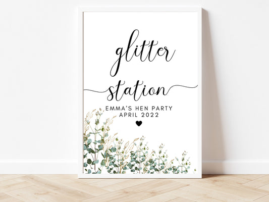 Glitter Station Print/ Eucalyptus Kiss the Miss Goodbye/ Greenery Cocktail/ Floral Selfie Station/ Bride to Be Party Sign/ Hen Decor
