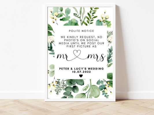 Wedding No Photos Sign/ Kindly Request No Photos or Social Media Signage/ Reception Print/ Eucalyptus Floral Greenery Photography Poster