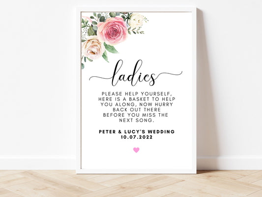 Wedding Ladies Bathroom Sign/ Bathroom Sign/ Wedding Bathroom Basket Sign/ Reception Party Station Sign/ Eucalyptus/ Floral Greenery Sign