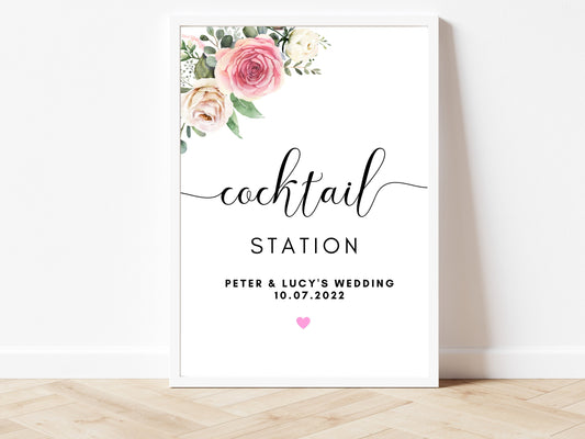 Wedding Cocktail Station Sign/ Bar/ Drinks Station Wedding Tent A4 Day Sign/ Reception Signs/ Eucalyptus Sign/ Floral Greenery Party Sign