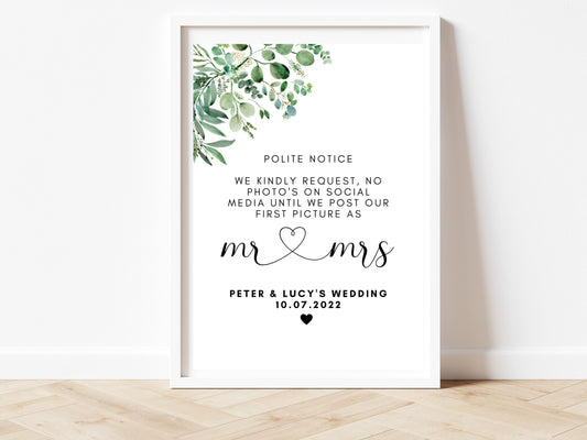 Wedding No Photos Social Media Sign/ Floral Greenery Modern Sophisticated Print/ Eucalyptus Poster/ Minimalist Evening Reception Party/ AK1
