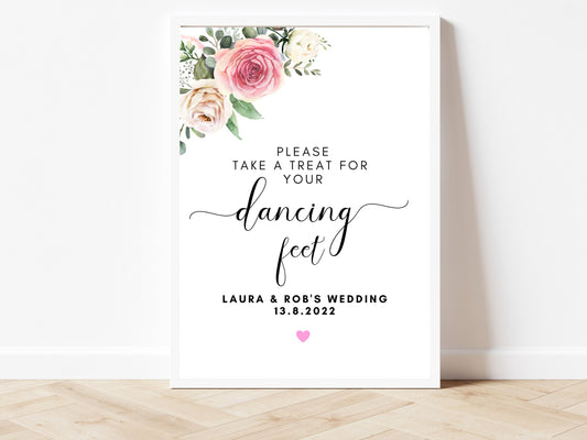 Wedding Dancing Feet Sign/ Pink Floral Please Take a Treat for Your Dancing Feat/ Pink Theme Wedding Sign/ Greenery Print/ Eucalyptus Sign