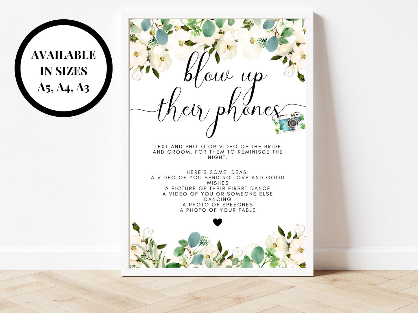 Personalised Blow Up Their Phones/ Greenery Floral Wedding Reception Text a Photo or Video of the Bride and Groom/ Eucalyptus Hen Party Sign