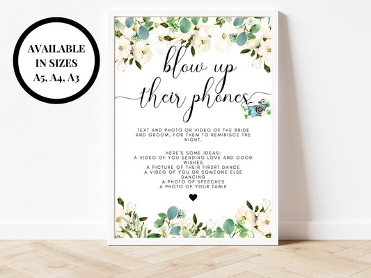 Personalised Blow Up Their Phones/ Greenery Floral Wedding Reception Text a Photo or Video of the Bride and Groom/ Eucalyptus Hen Party Sign