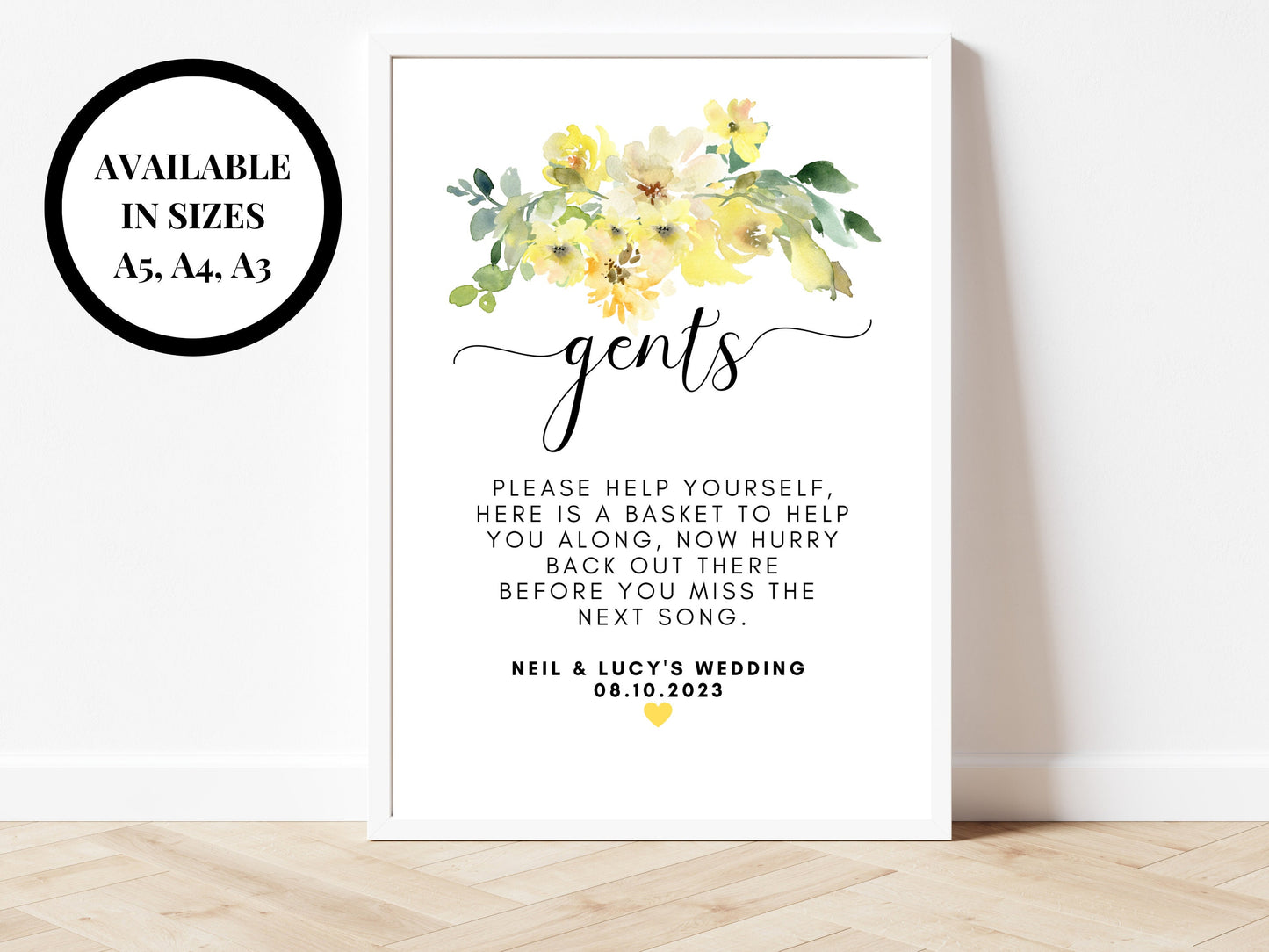 Personalised Yellow Floral Gents Bathroom Sign/ Yellow Roses Flowers Please Help Yourself Now Hurry Back Out There/ Party Bathroom Sign