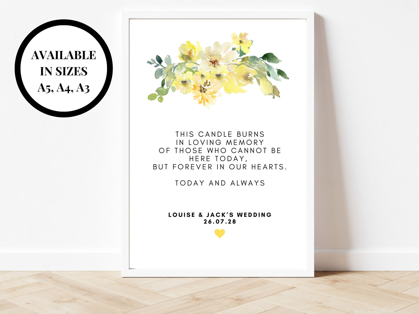 Personalised Candle Burning in Loving Memory Sign/ Yellow Floral This Candle Burns in Loving Memory of Those Who Cannot Be Here Today