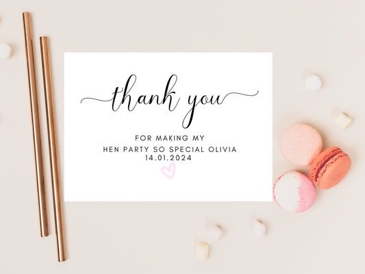 Thank You for Making My Hen Party So Special Card/ Personalised Bride to Be Bridal Shower/ Bachelorette Pink Heart Hen Party Weekend Card