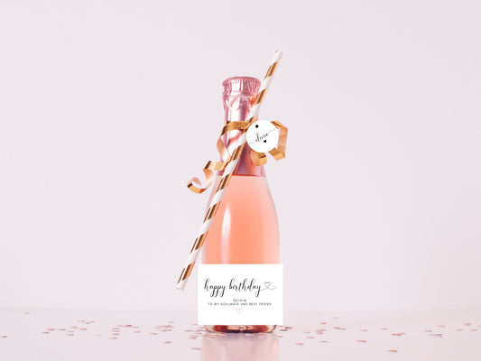 To My Soulmate and Best Friend Happy Birthday Prosecco Bottle Label/ Personalised Champagne Bottle Sticker/ Wine Party Decor/Monochrome Pink