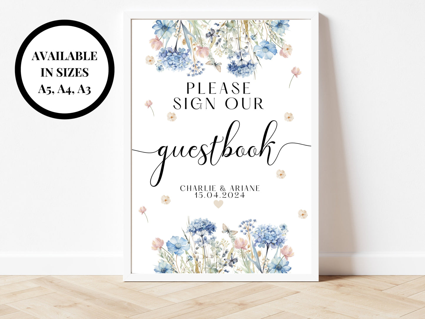 Please Sign Our Guestbook Sign/ Blue Theme Party Poster/ Wedding Guest Welcome Reception/ Wedding Party Guestbook Floral Pastel Neutral Sign