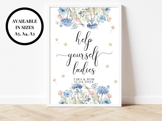 Help Yourselves Ladies Bathroom Sign/ Personalised Blue Theme Wedding Reception Toilets Poster/ Hen Party/ Bridal Shower/ Bachelorette