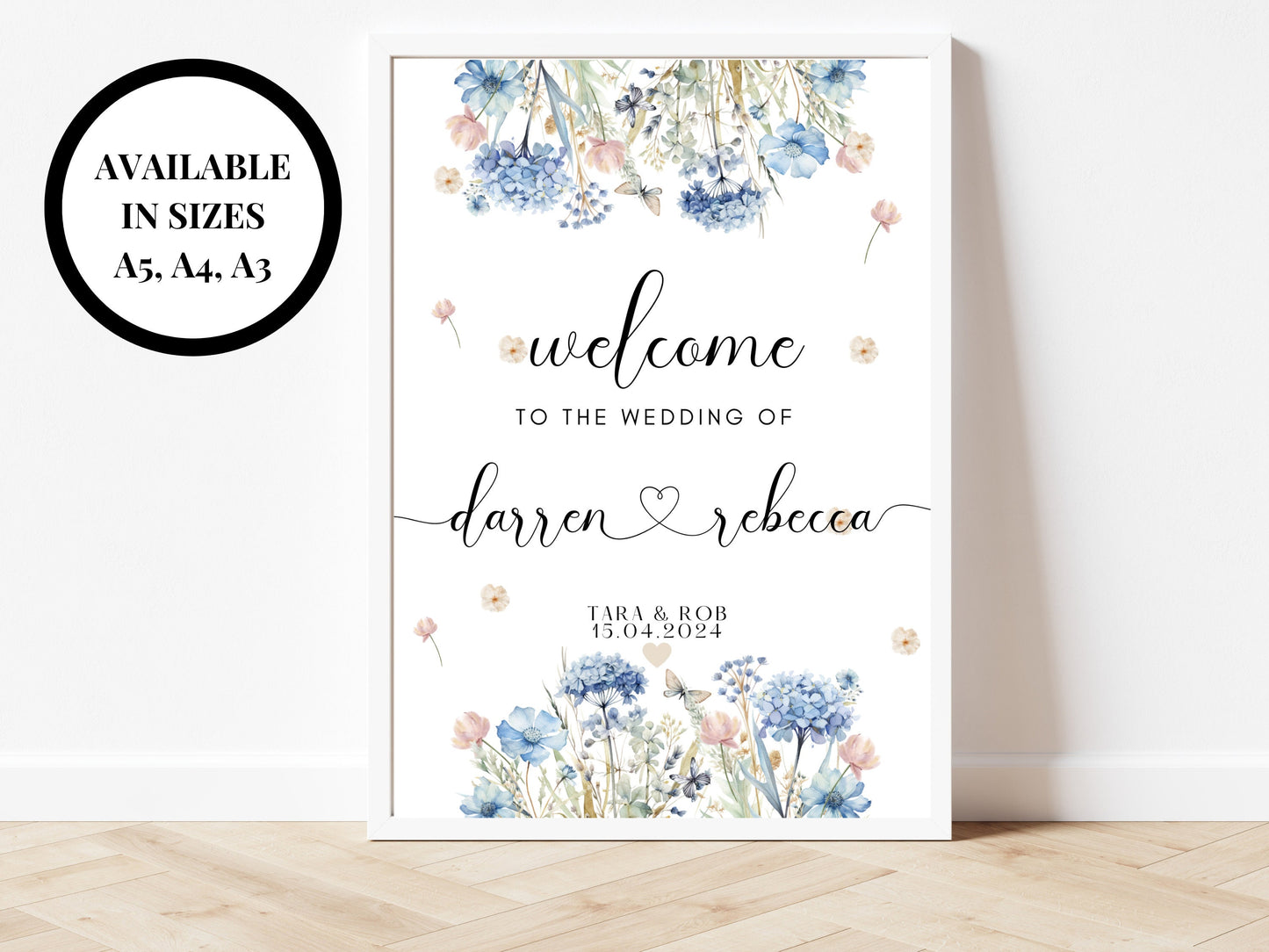 Welcome to our Wedding Sign/ Blue Theme Wedding Reception Welcome Poster/ Floral Pastel Neutral