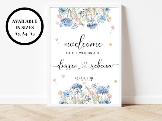 Welcome to our Wedding Sign/ Blue Theme Wedding Reception Welcome Poster/ Floral Pastel Neutral