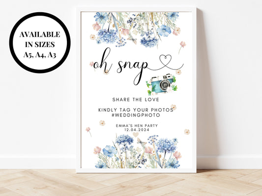 Wedding Photo Sign/ Social Media Hashtag/ Oh Snap Share the Love Kindly Tag Your Photo/ Selfie Station/ Personalised Blue Theme Venue Decor