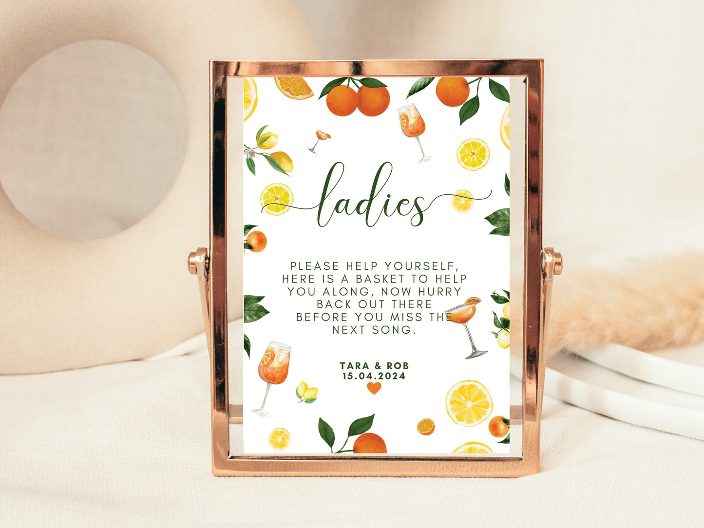 Ladies Help Yourself Sign/ Wedding Reception Guest Bathroom Toilet Favours/ Spring Summer Lemons Oranges Mediterranean/ Italian Style Print