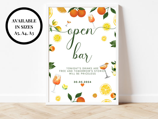 Open Bar Sign/ Citrus Spritz Alcohol Drinks Spring Summer Lemons Oranges Mediterranean Theme/ Italian Style Wedding Reception Welcome