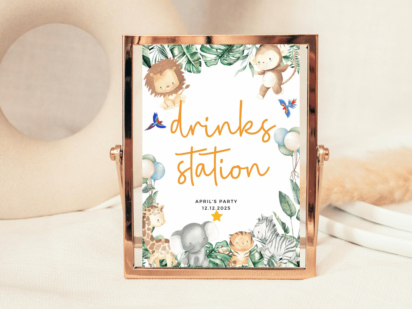 Personalised Drinks Station Safari Jungle Birthday Party Sign/ Greenery Fun Printed Childrens Animals Happy Birthday Party Poster