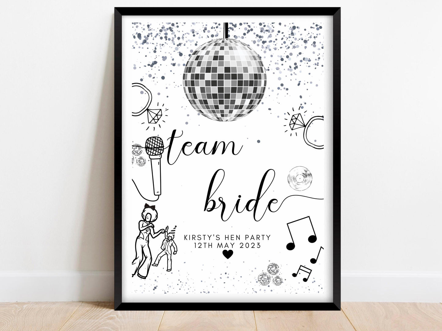 Team Bride Sign/ Personalised Silver Disco Ball Hen Party Decor/ Bridal Shower Keepsake/ Silver Theme Bachelorette/ Last Disco Poster