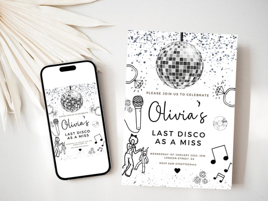Personalised Last Disco As a Miss Hen Party Invitation/ Silver Disco Ball Bridal Shower/ Lets Party Bachelorette Party/ Printed or Digital