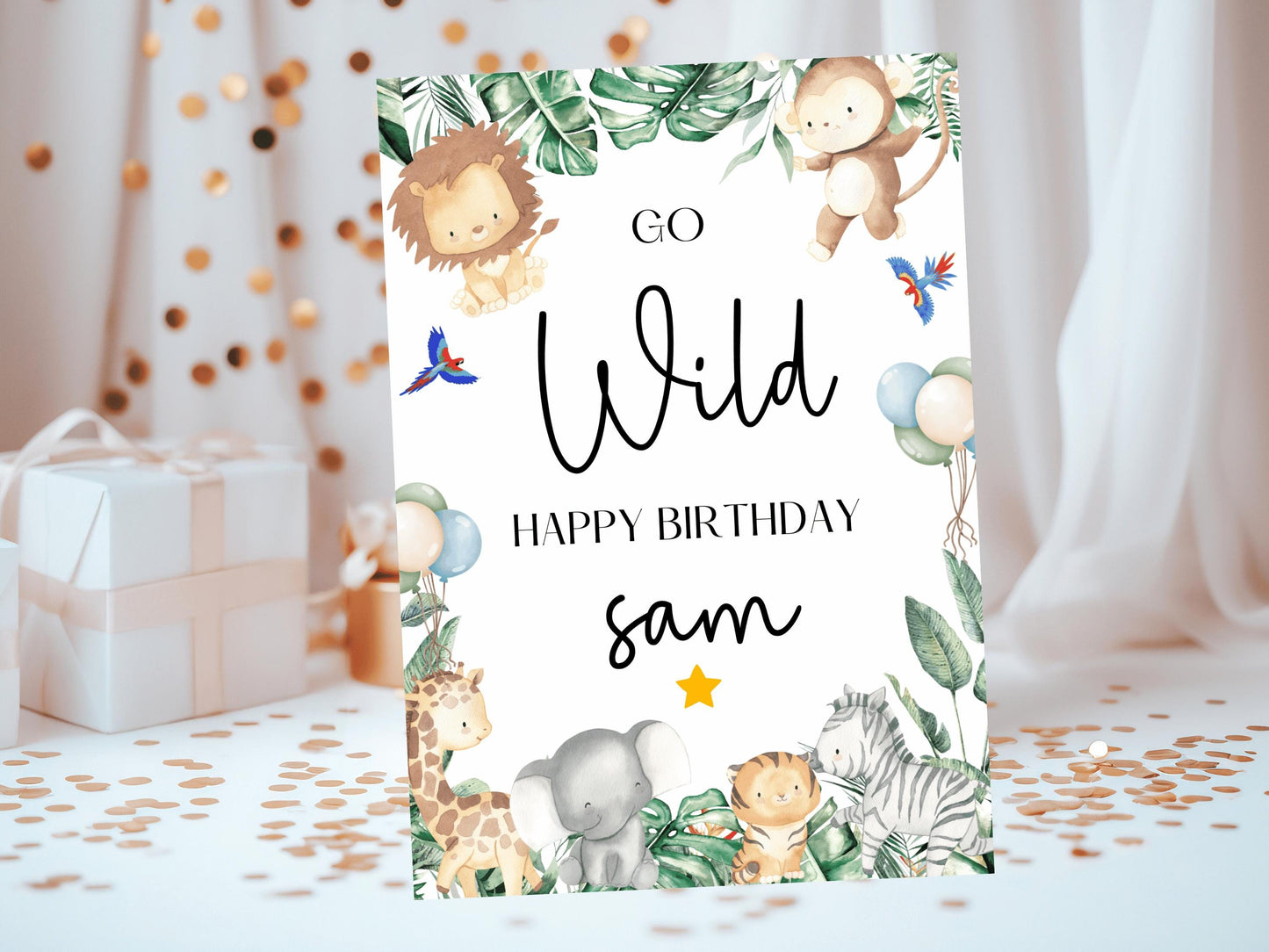 Go Wild Happy Birthday Card/ Safari Theme Birthday Greetings Cards/ Childrens Birthday Party/ Jungle Animals/ King of the Jungle Card