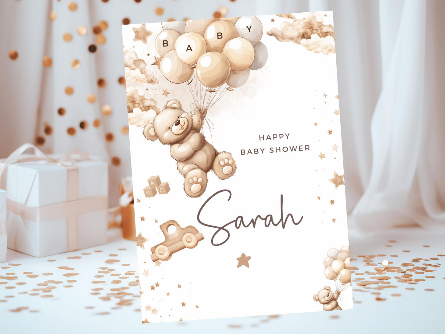 Happy Baby Shower Card/ Personalised Baby Shower Gender Reveal/ We Can Bearly Wait Mummy to Be Card/ New Baby Brown Bear Balloons