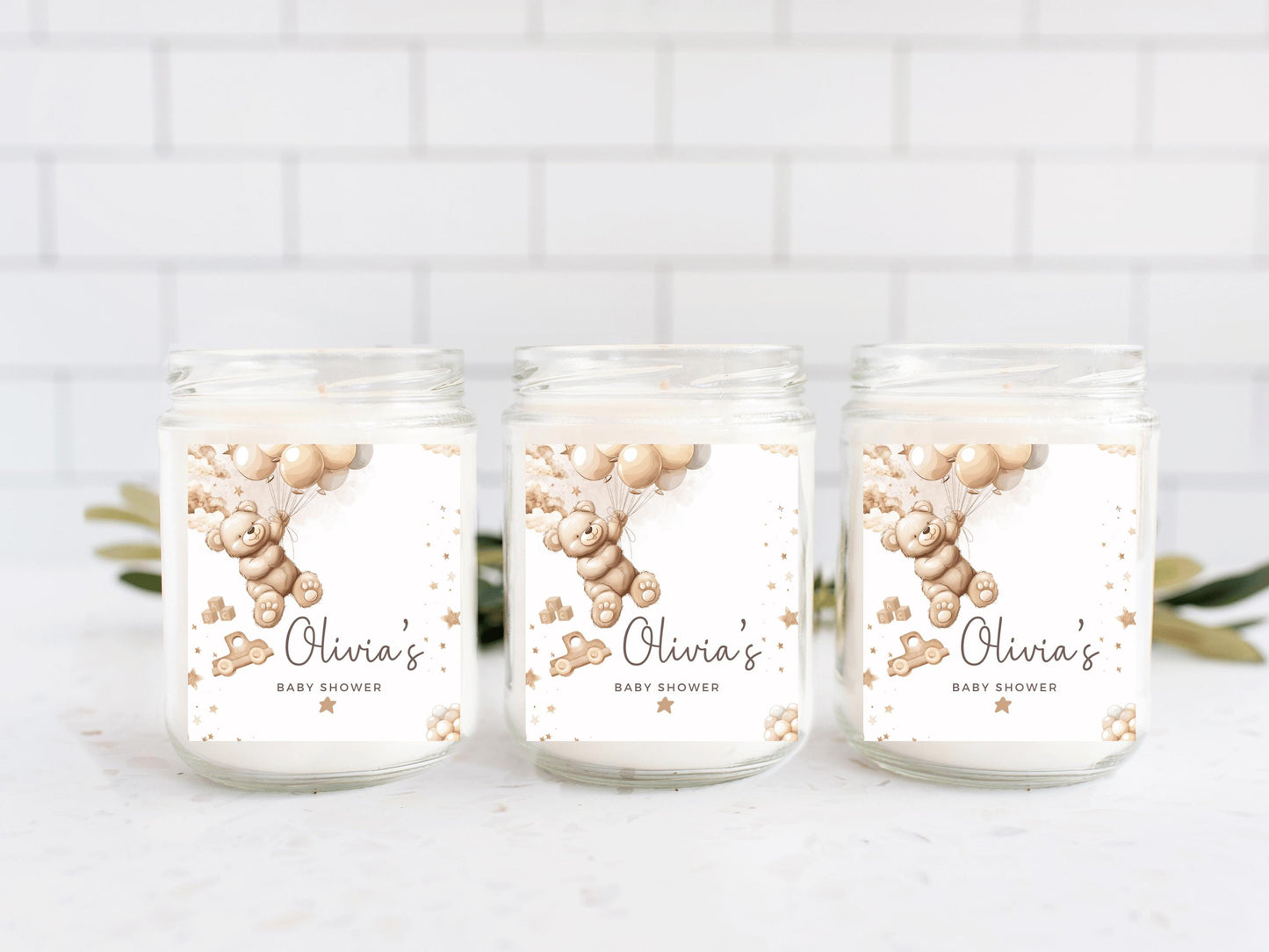 Personalised Baby Shower Candle Label/ Mummy to Be Gender Reveal Favours/ We Can Bearly Wait Neutral Brown Teddy Bear Balloons Sticker
