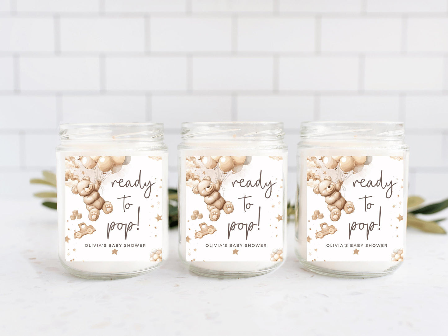 Personalised Ready to Pop Baby Shower Candle Label/ Mummy to Be Gender Reveal Favours/We Can Bearly Wait Neutral Teddy Bear Balloons Sticker