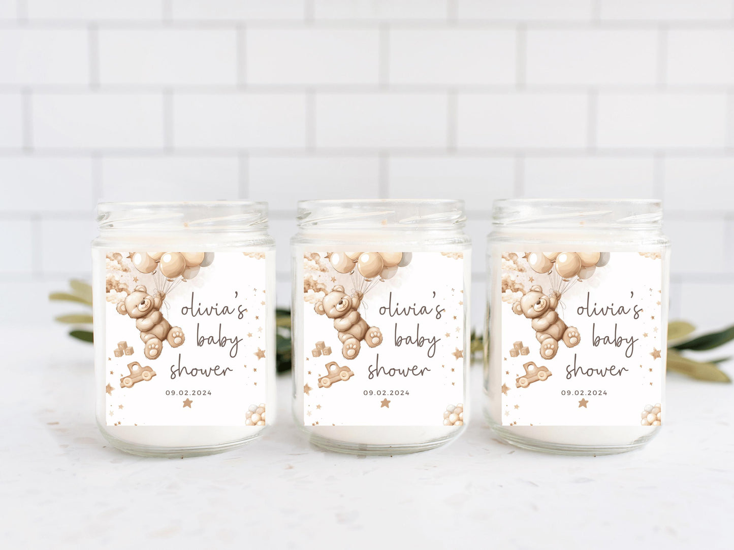 Personalised Baby Shower Candle Label/ Mummy to Be Gender Reveal Favours/ We Can Bearly Wait Neutral Teddy Bear Balloons Sticker